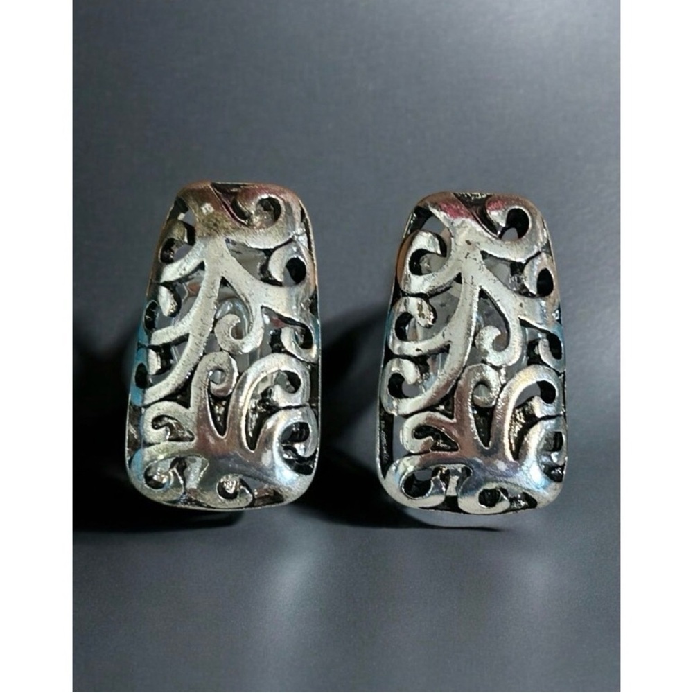 Vintage Silver Tone Filigree Clip On Statement Earrings